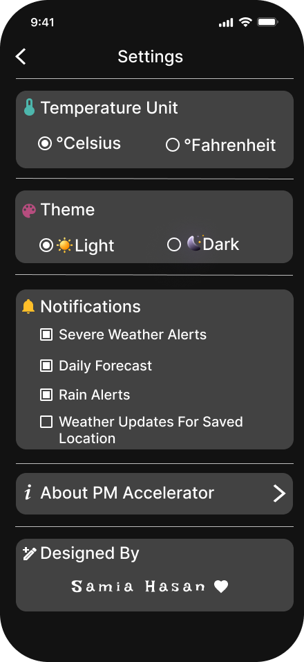 Weather App settings screen dark